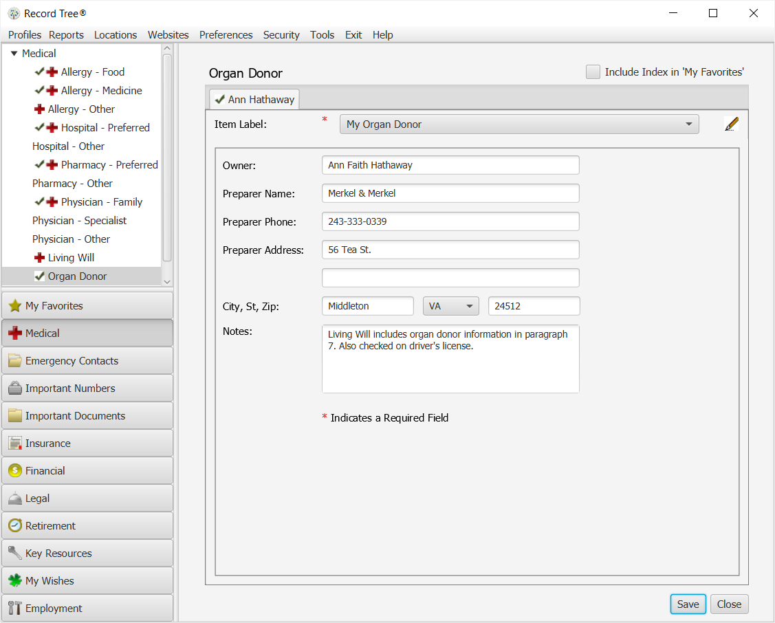 Last Wishes – Organ Donor  - Record Tree® Software